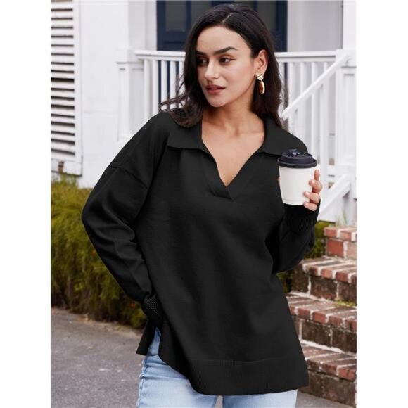 Women's V-Neck Oversized Sweater – Long Sleeve Collared Tunic Knit Pullover - Picture 2 of 7